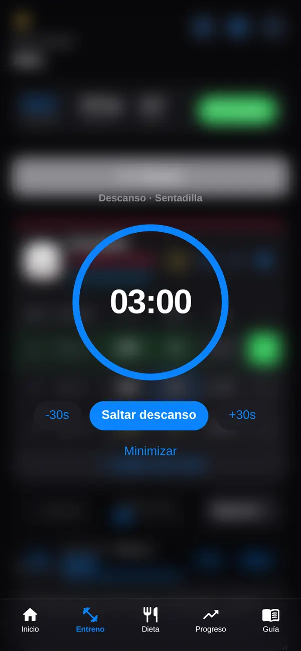 Temporizador de descanso entre series en la app LuxFigure