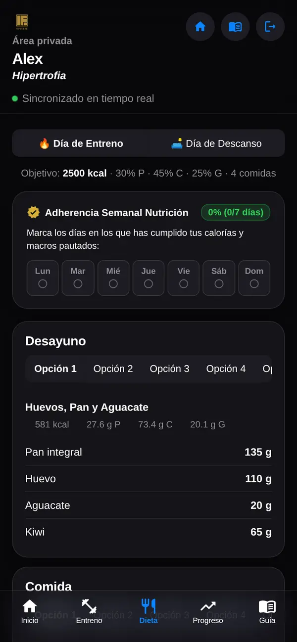 Dieta con macros y opciones por comida en la app LuxFigure
