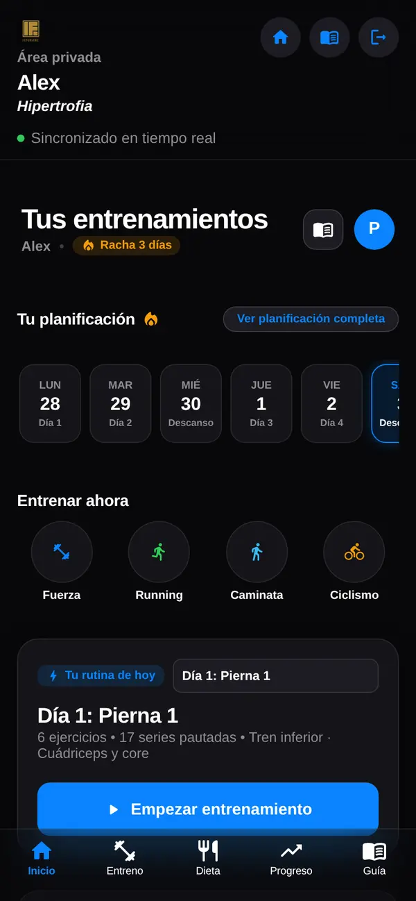 App de clientes de LuxFigure: planificación semanal y entrenamiento